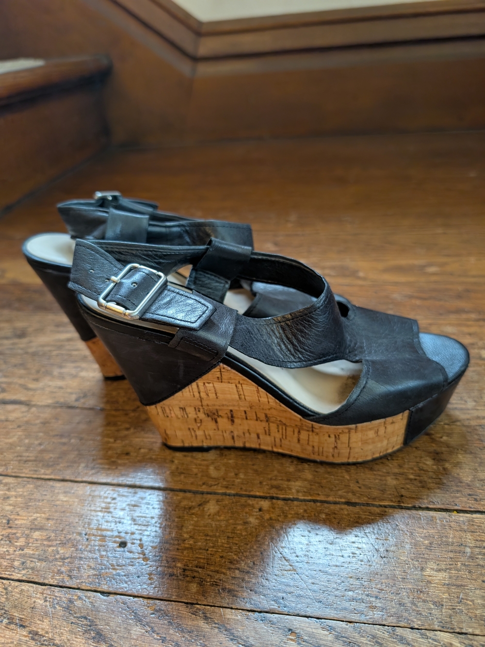 Franco Sarto Black Leather Cork Wedge Sandals